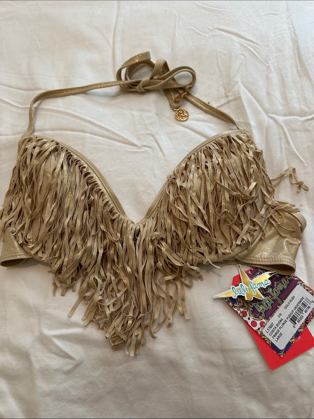 Luli Fama Gold Fringe Halter Bikini Top